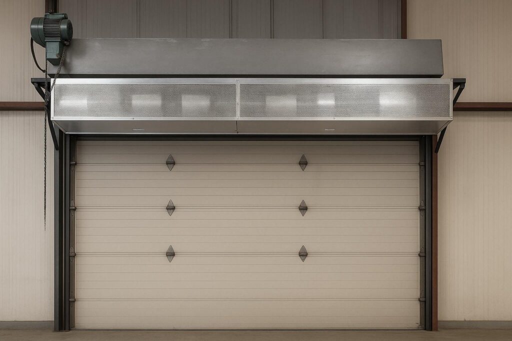 Air curtain mounted above a sectional overhead door