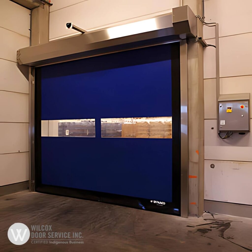 Blue rolling vinyl door with a clear vision panel