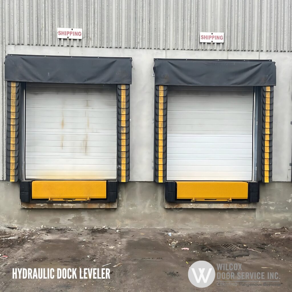 Hydraulic dock levelers at two exterior loading bays