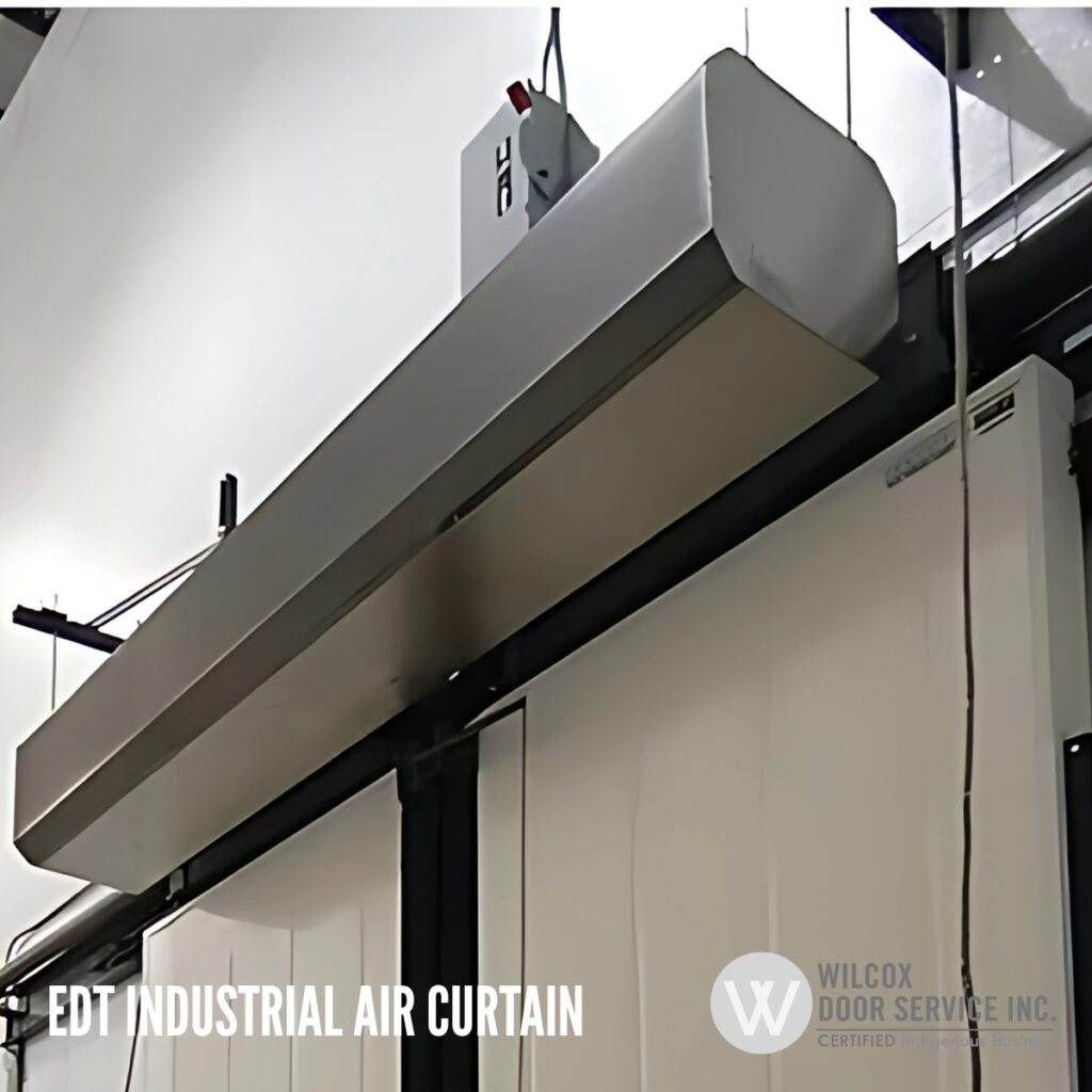 EDT industrial air curtain mounted above a door
