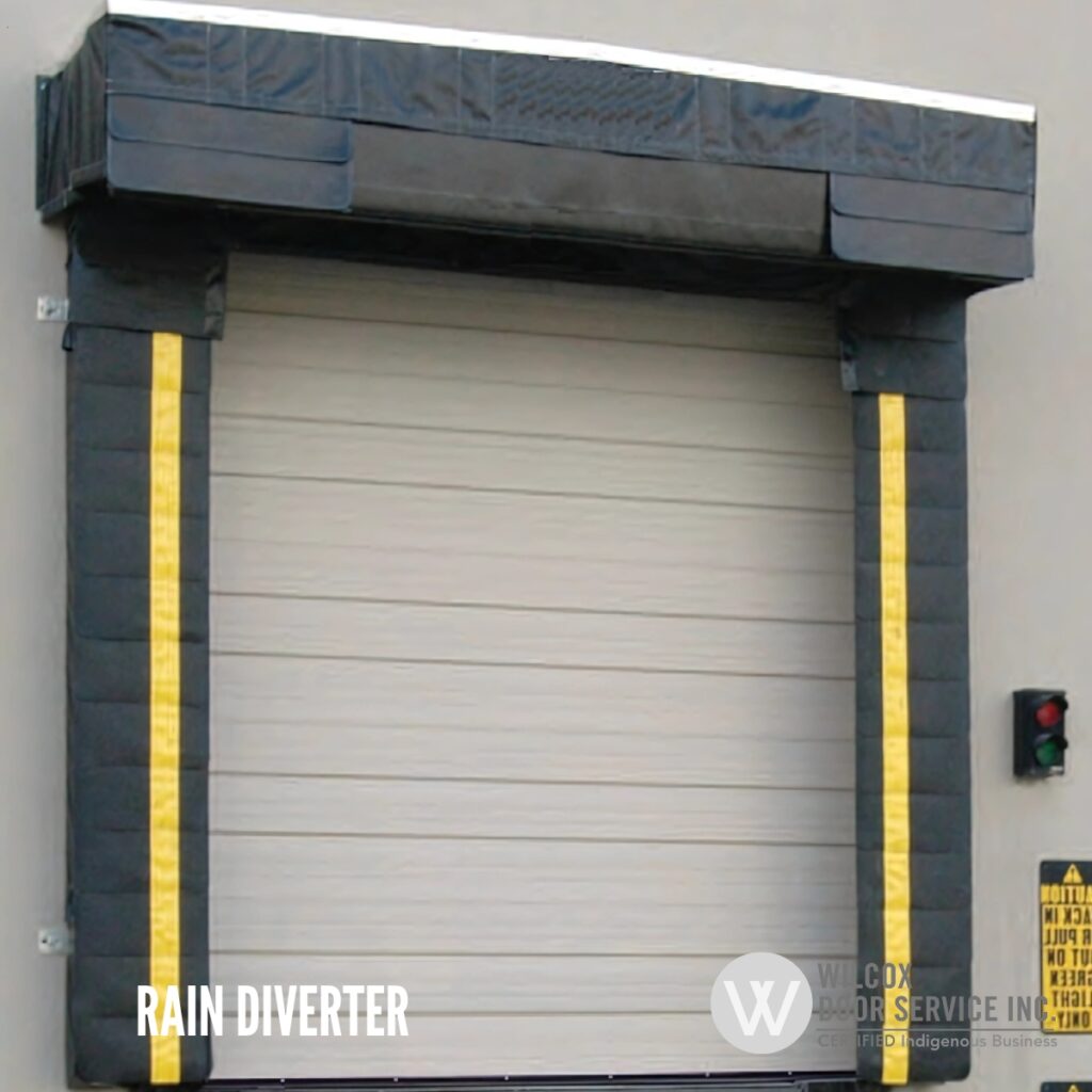 Rain diverter mounted above a loading dock door