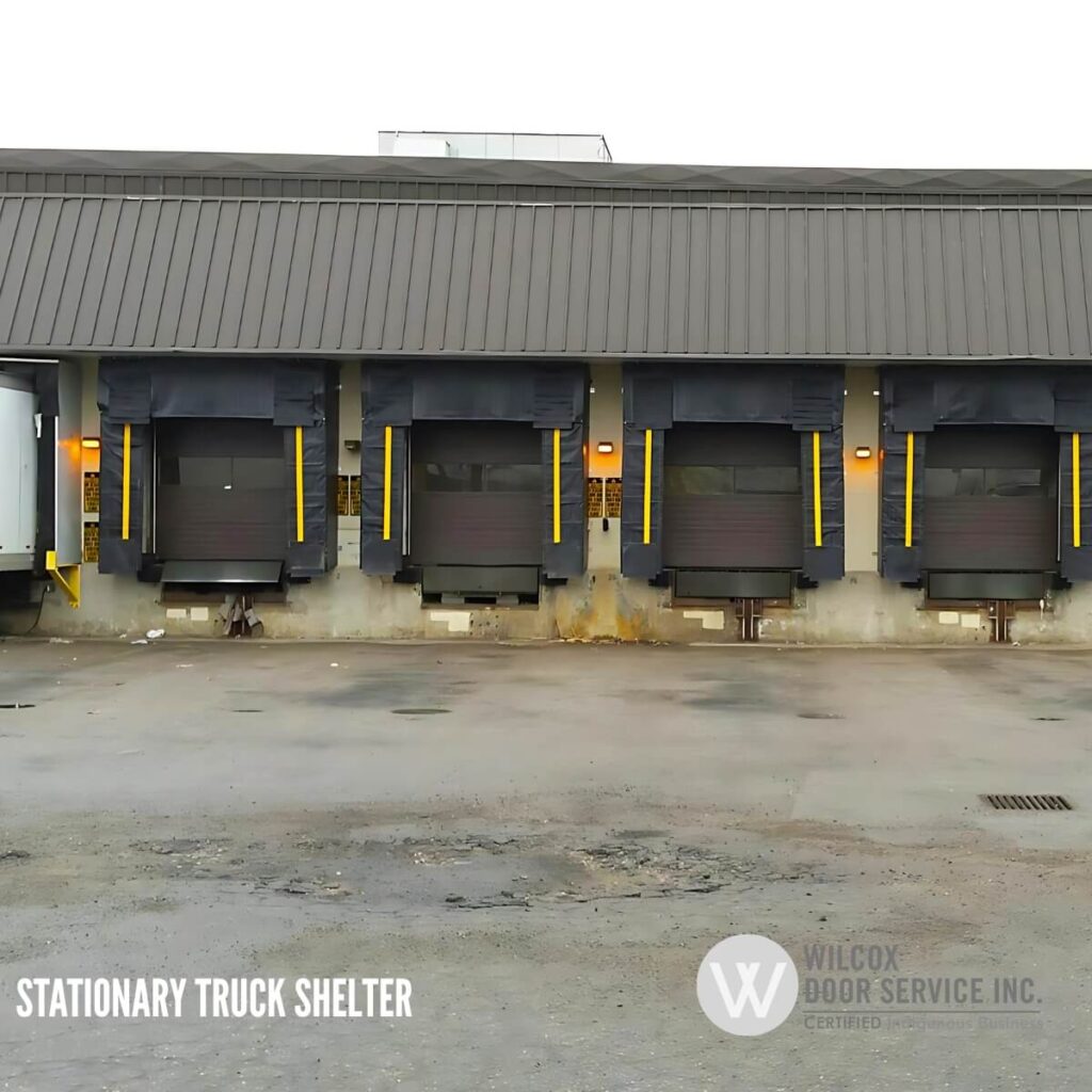 Stationary truck shelters at an industrial loading area