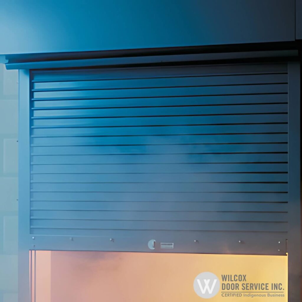 Blue rolling fire door partly lowered