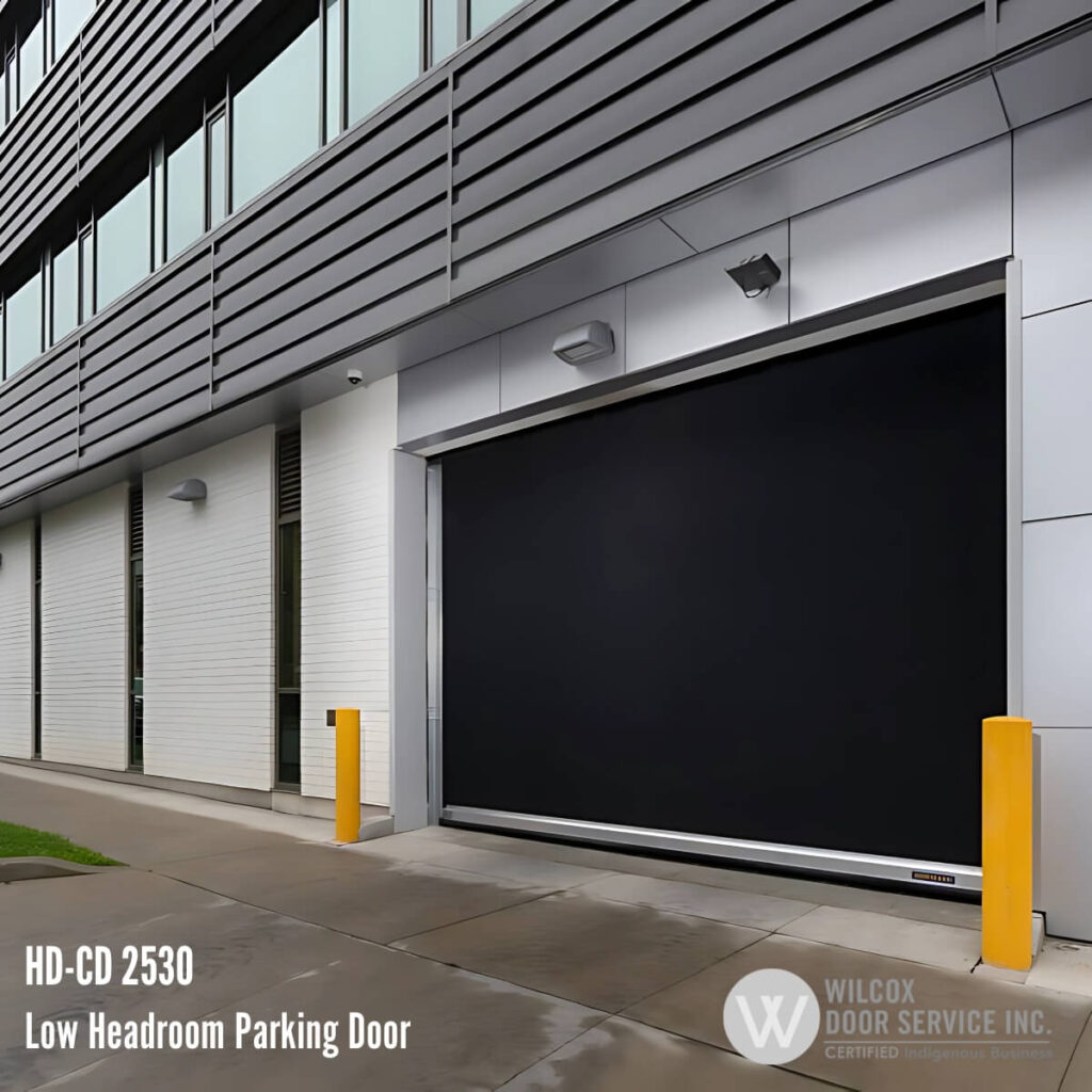 Low-headroom rubber door at a parking entrance