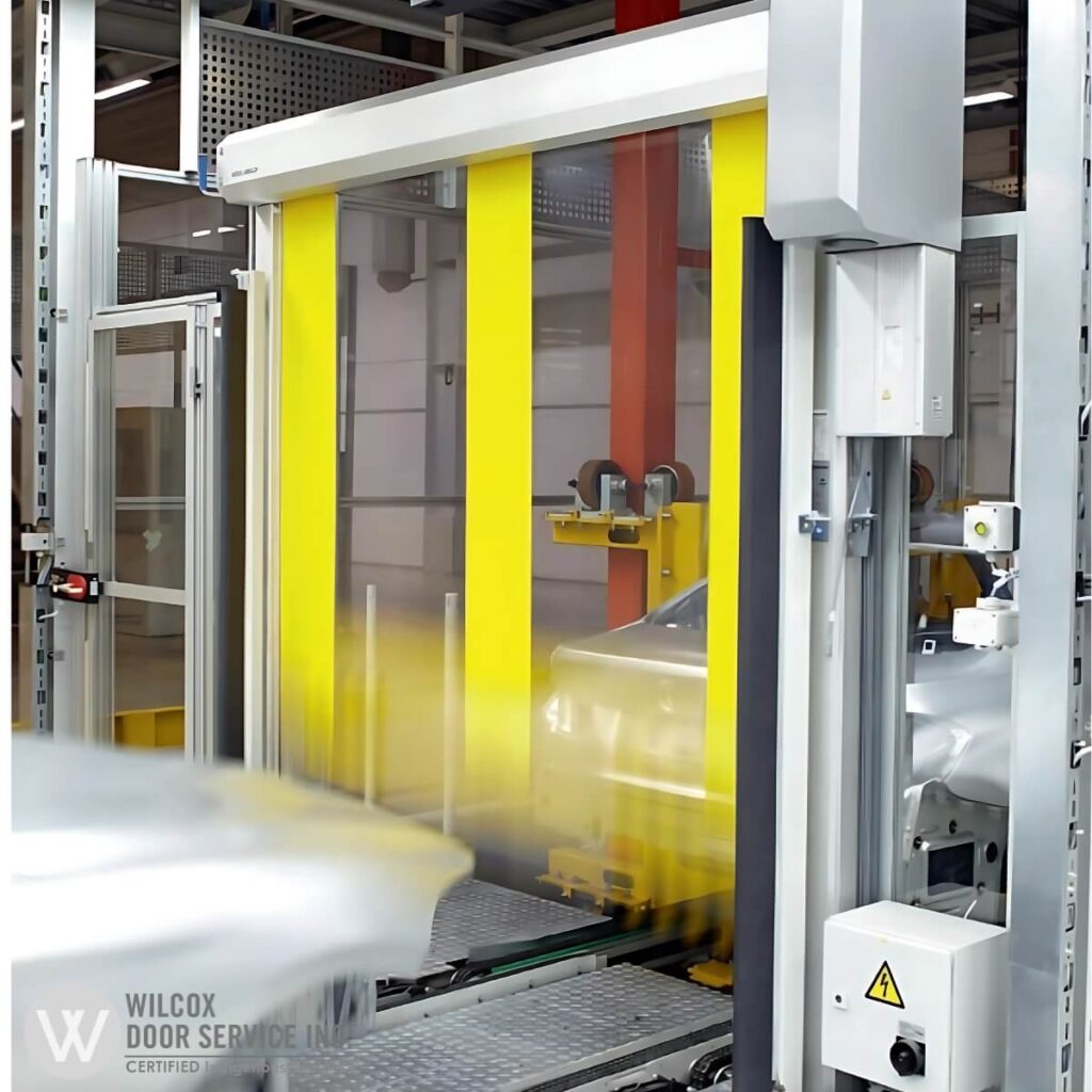 Yellow machine guarding door beside production equipment