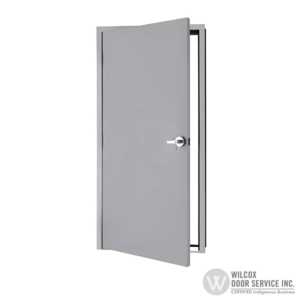 Gray commercial pedestrian door and frame