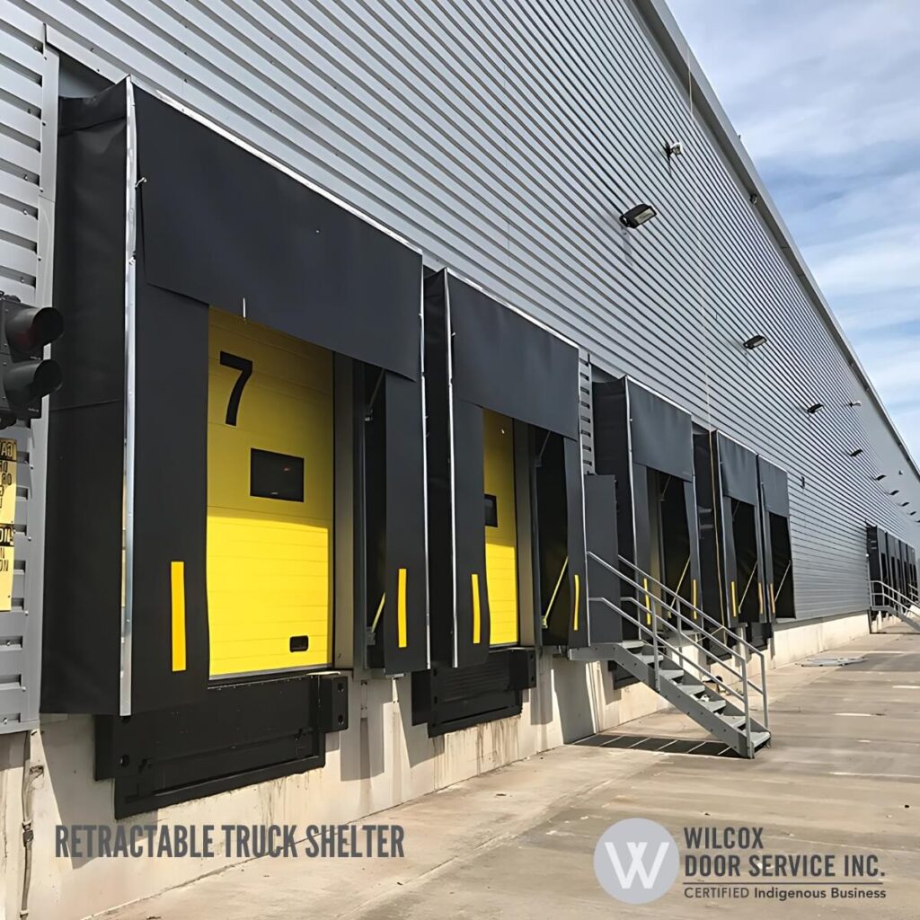 Retractable truck shelters along a commercial loading dock