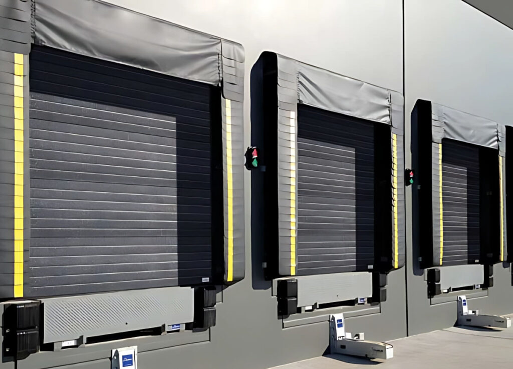 Adjustable head curtain dock seals at warehouse loading doors