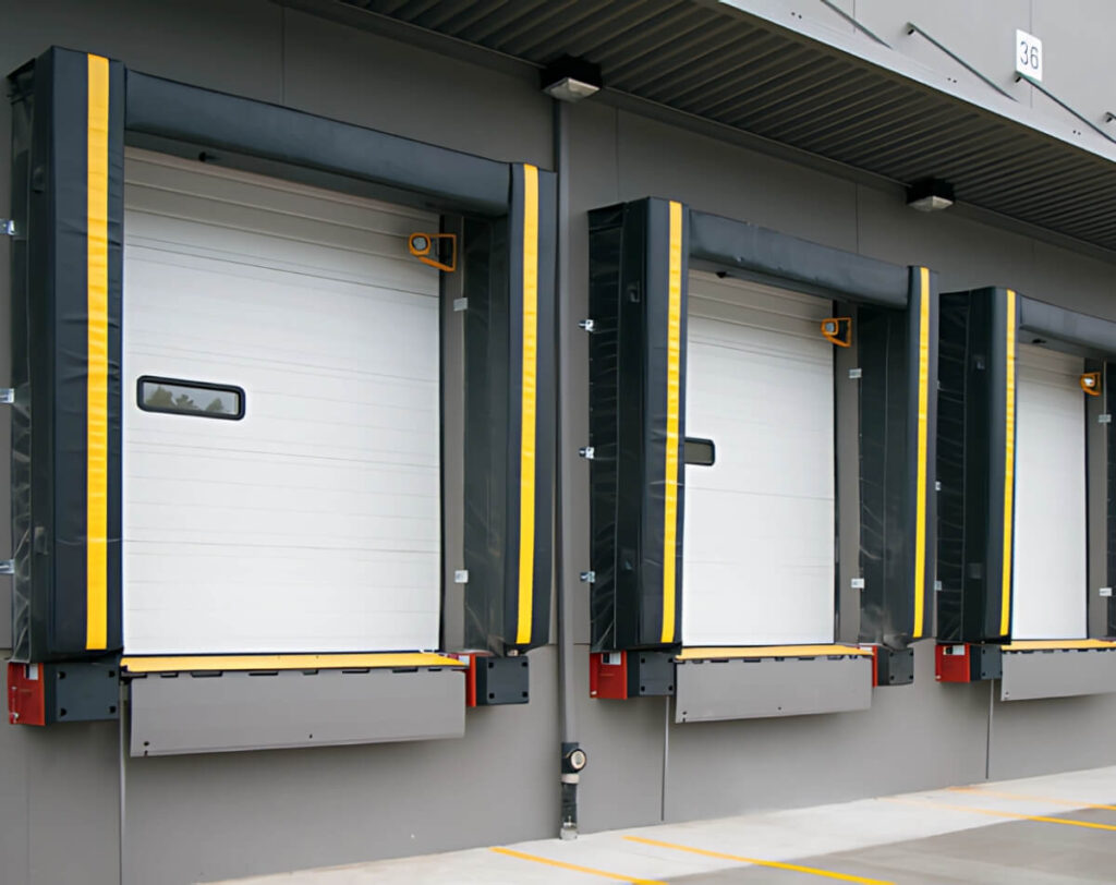 Fixed head pad dock seals at adjacent warehouse loading bays
