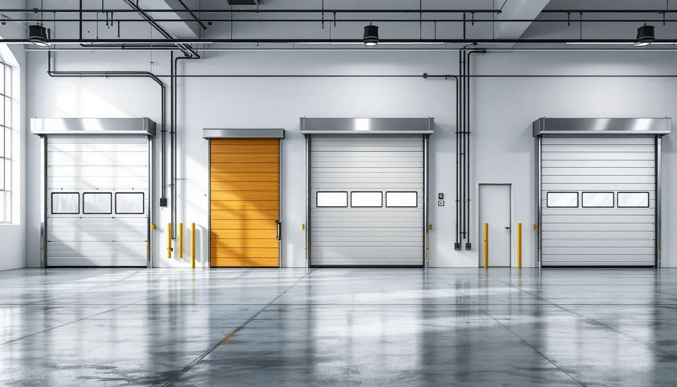 Different types of insulated roll up doors displayed in a showroom.