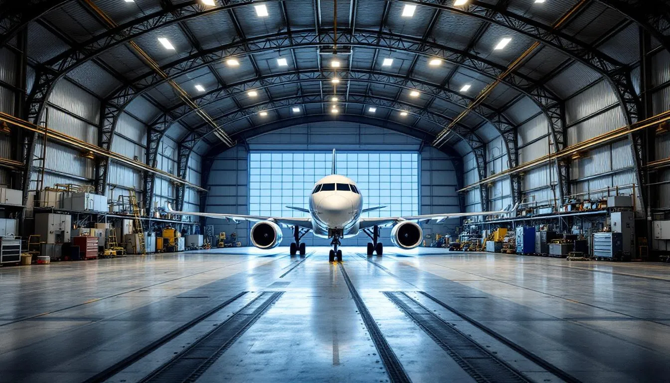 An aircraft hangar features large sliding hangar doors designed for smooth operation, providing protection for valuable aircraft and helicopters inside. The structure is engineered with durability in mind, ensuring reliable access and security for aviation facilities.