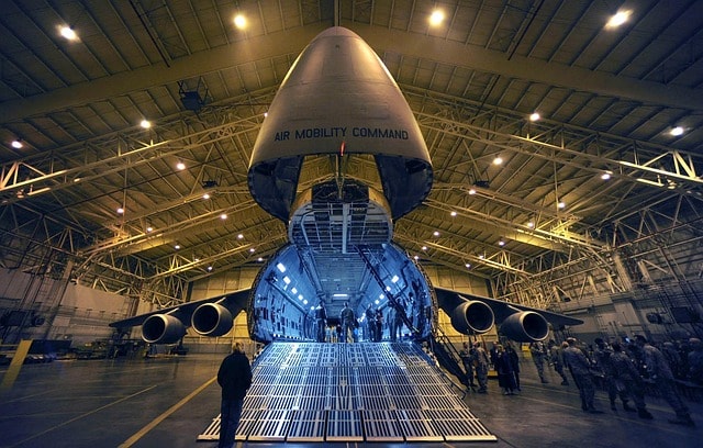 Aircraft maintenance inside a large hangar