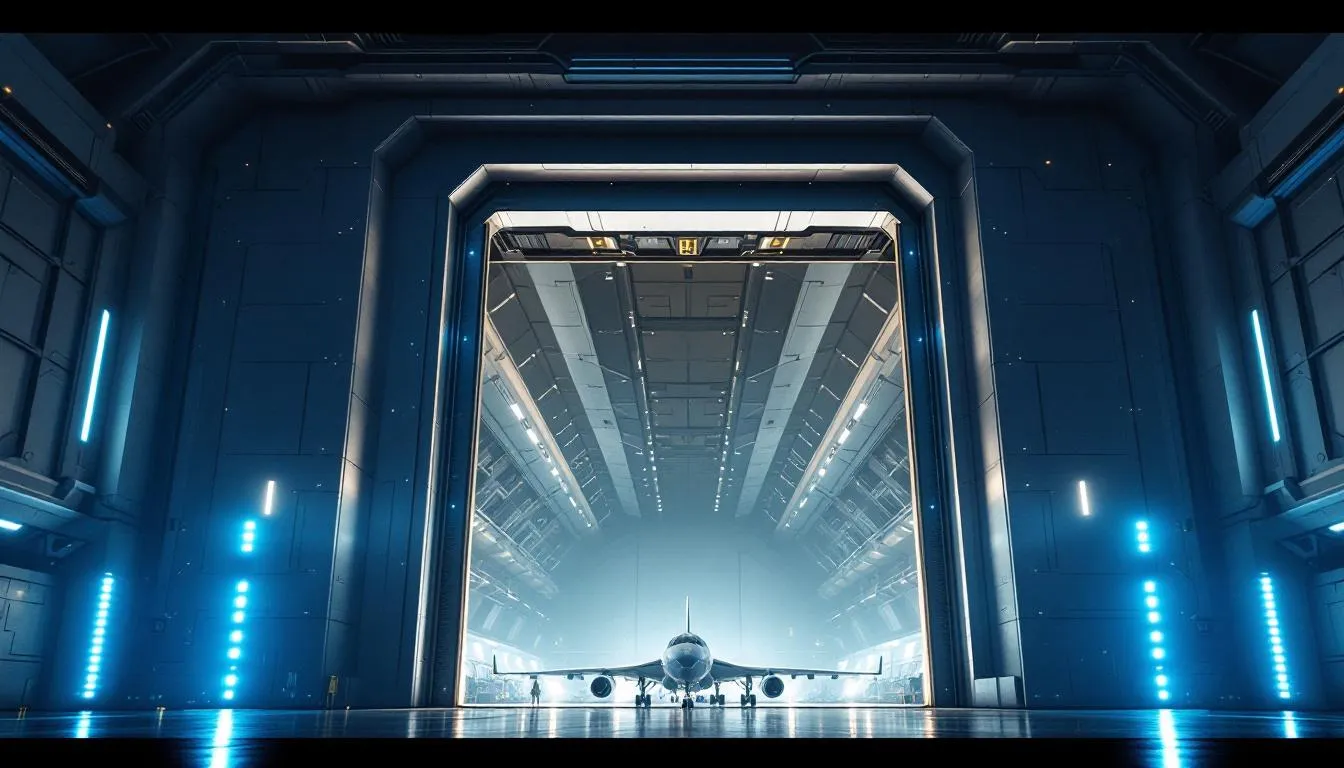 A hydraulic hangar door demonstrating its operation.