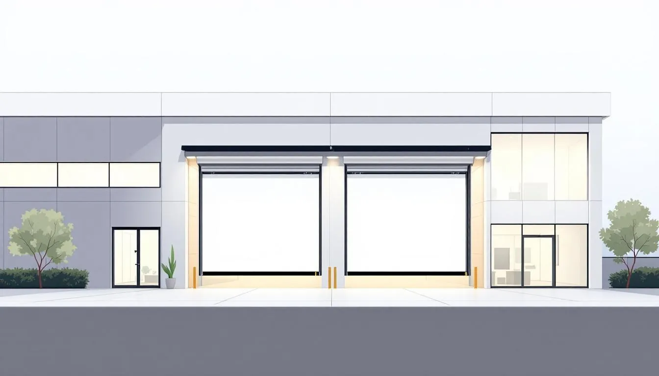 Illustration of a commercial building with overhead doors