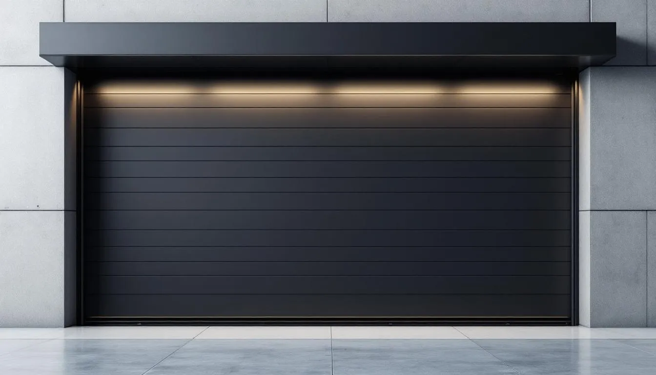 Dark gray sectional overhead door on a commercial building