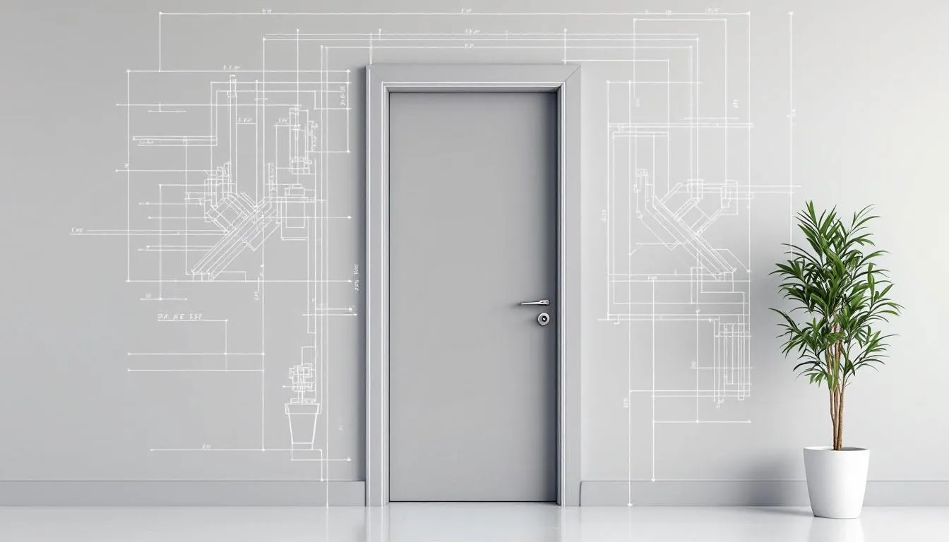 Gray commercial pedestrian door beside a potted plant