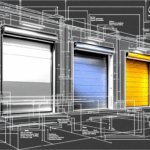 Industrial roll-up door designs shown on a blueprint
