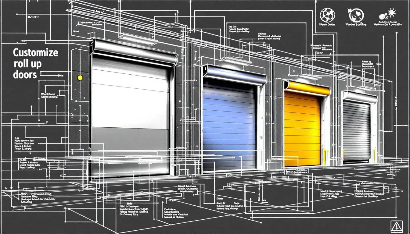 Industrial roll-up door designs shown on a blueprint