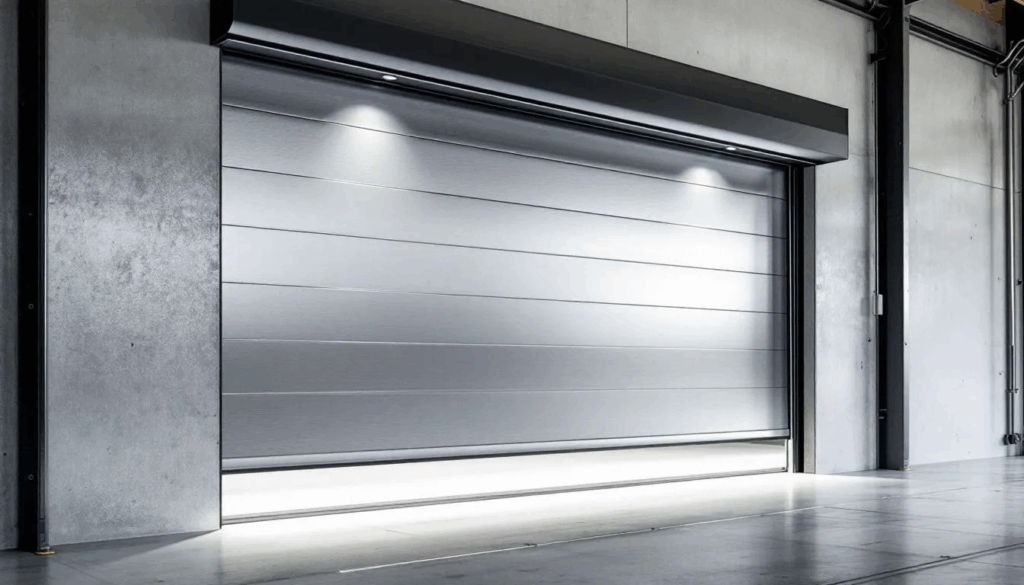 Insulated sectional door inside an industrial building