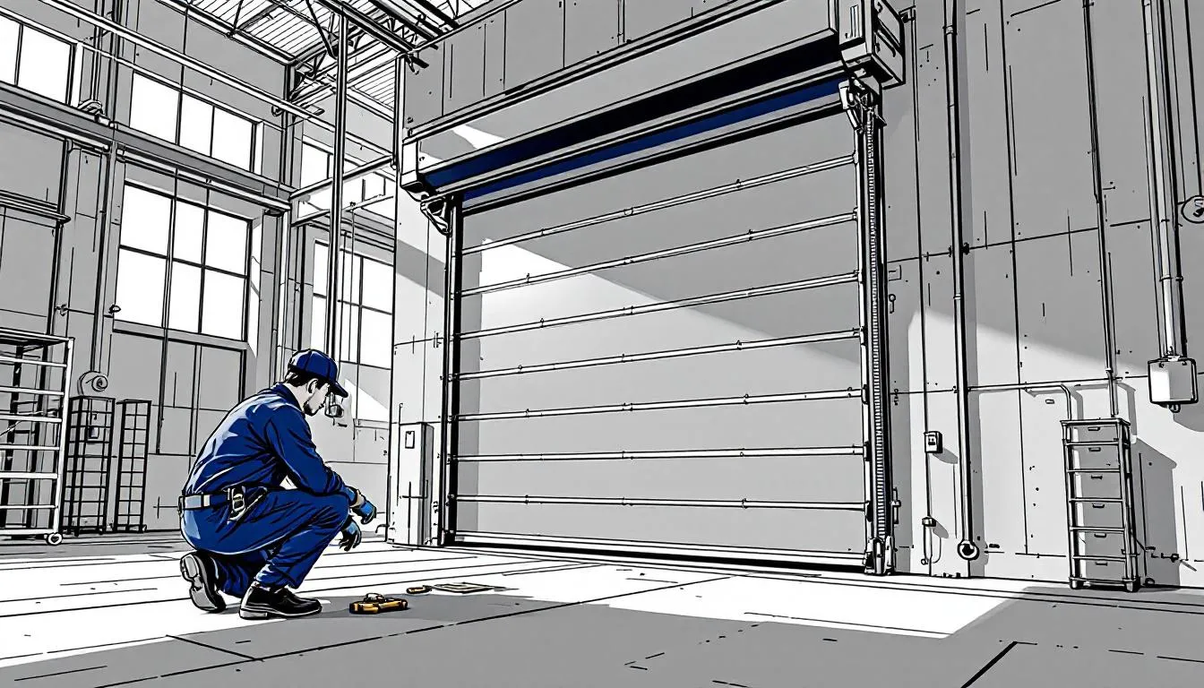Technician reviewing an overhead door installation drawing