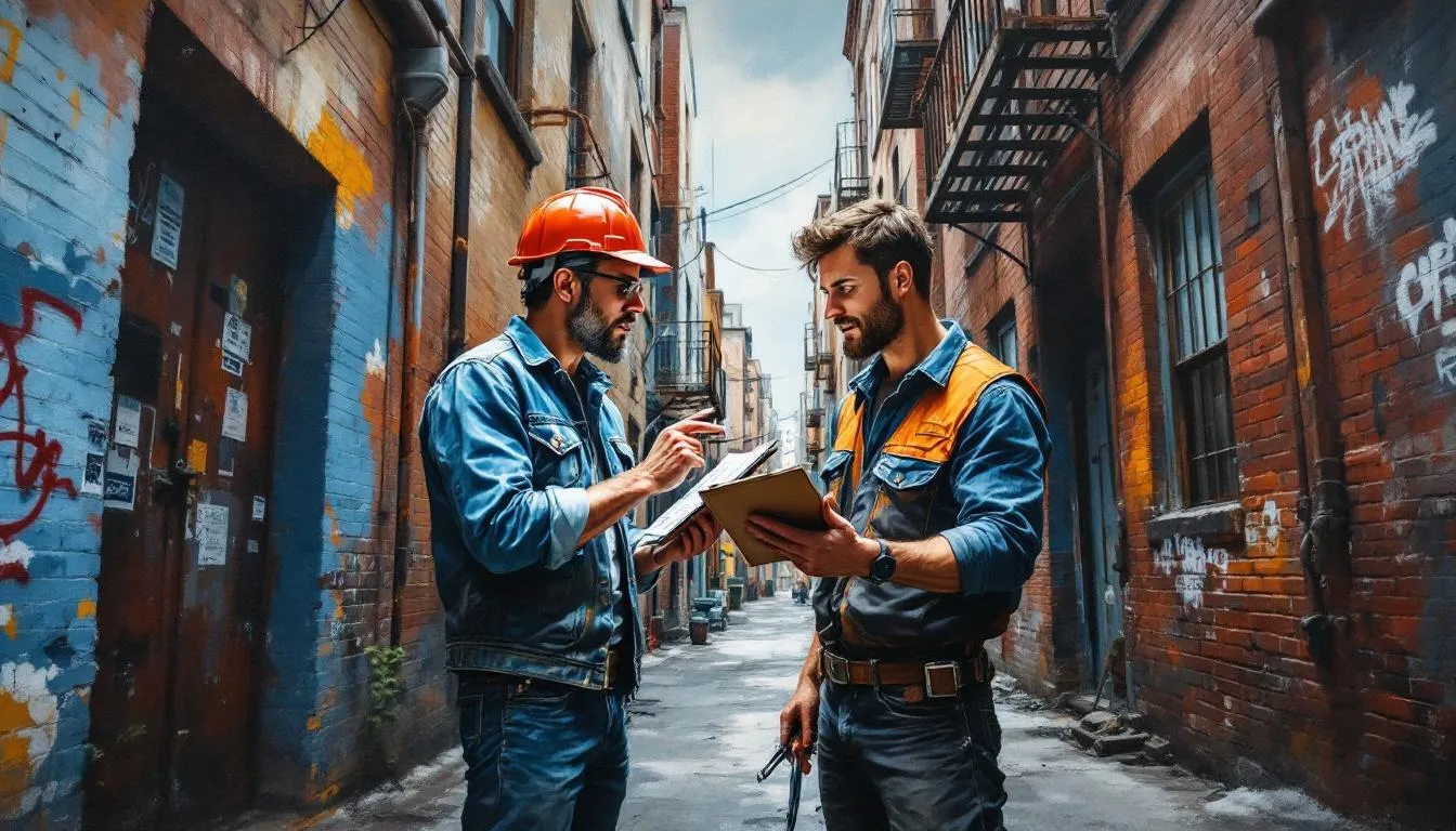 Two technicians reviewing paperwork beside an industrial building