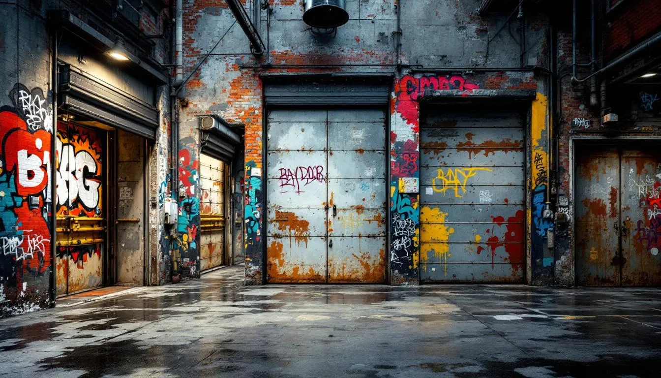 Weathered rolling doors in an industrial alley