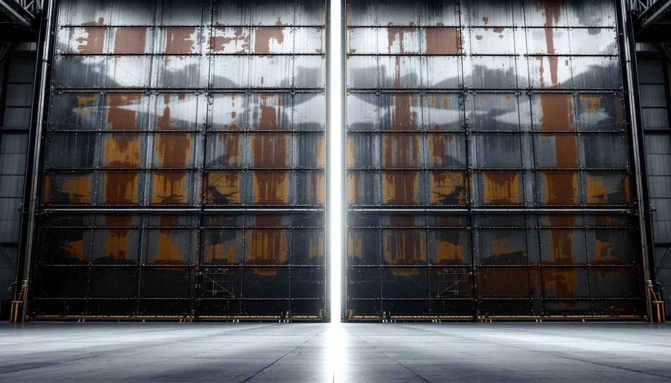 Weathered sectional door with rusted panels